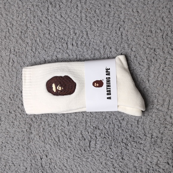 Bape Crew Socks Embroidered Ape Head Mens Womens Unisex 9-11 Cream White Brown - Picture 1 of 1